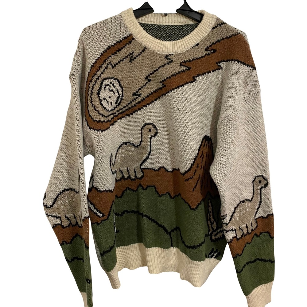 Prehistoric Dinosaur Meteor Sweater Mens XL Cream Retro Intarsia Knit Retro - Picture 2 of 7